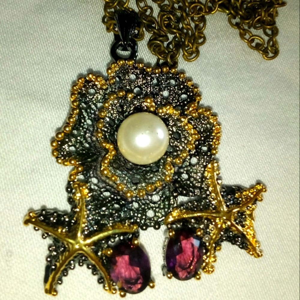 Awesome huge pearl and rhodolite cocktail pendant